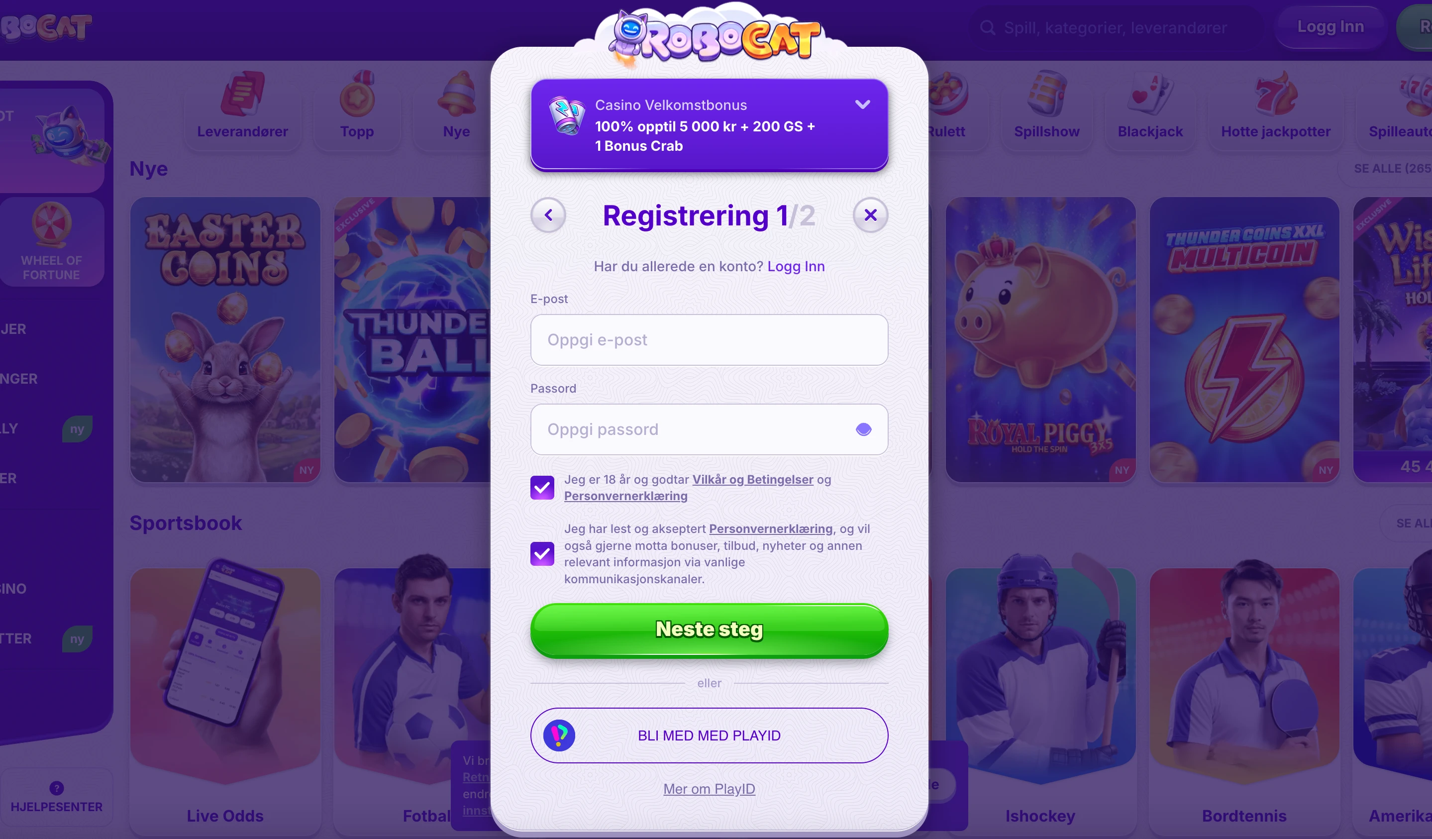 Registrering hos Robocat Casino